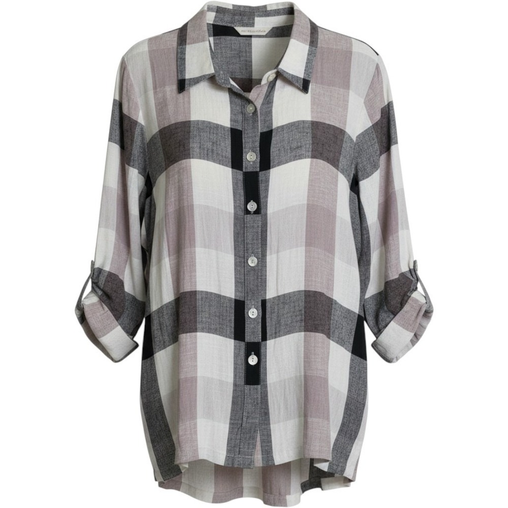 Soft‎ Surroundings Button Down Women M Neutral Plaid NWT Linen Blend Tunic